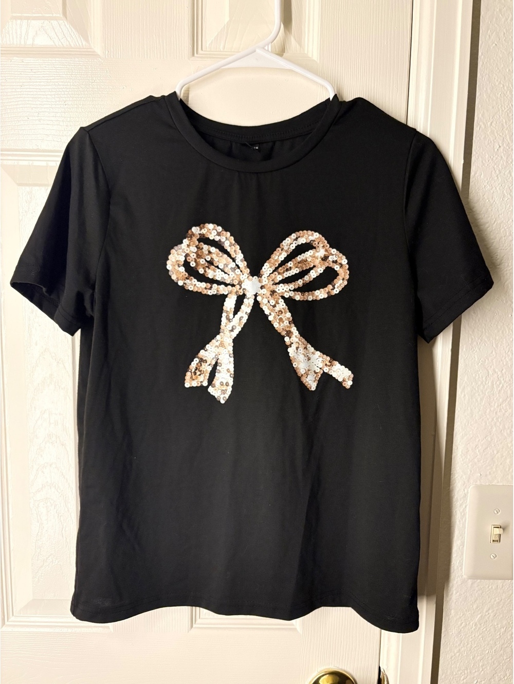 Black Short Sleeve T-Shirt with Sequin Bow Design